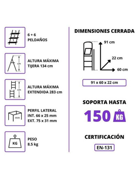 Escalera Telescópica Aluminio 3+3 Pestaña