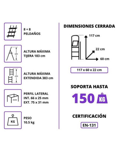 Escalera Telescópica Aluminio 4+4 Pestaña