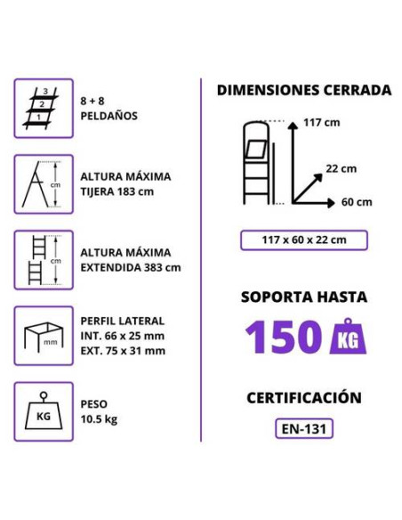 Escalera Telescópica Aluminio 4+4 Pestaña