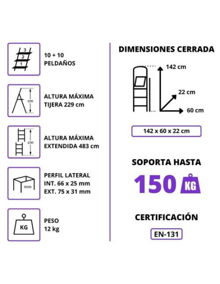 Escalera Telescópica Aluminio 5+5 Pestaña