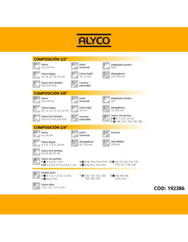 Juego Llaves de Vaso de 1/2", 1/4" Y 3/8" - 155 Piezas Alyco 192386