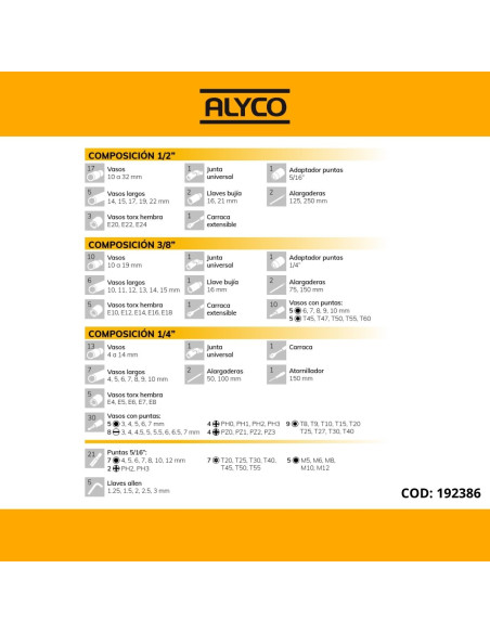 Juego Llaves de Vaso de 1/2", 1/4" Y 3/8" - 155 Piezas Alyco 192386