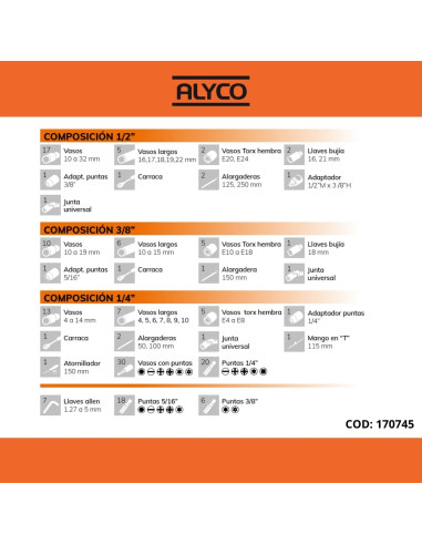 Juego Llaves de Vaso de 1/2", 1/4" y 3/8" - 171 Piezas Alyco 170745