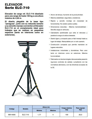 Elevador Telescópico Manual 4000 mm 100 kg Aire Acondicionado ELC710