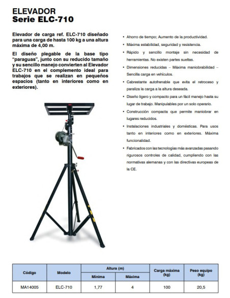 Elevador Telescópico Manual 4000 mm 100 kg Aire Acondicionado ELC710