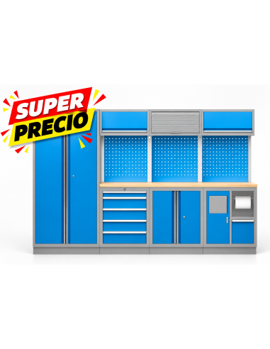 Conjunto Taller 4 Módulos Azul y Gris con Base de Madera